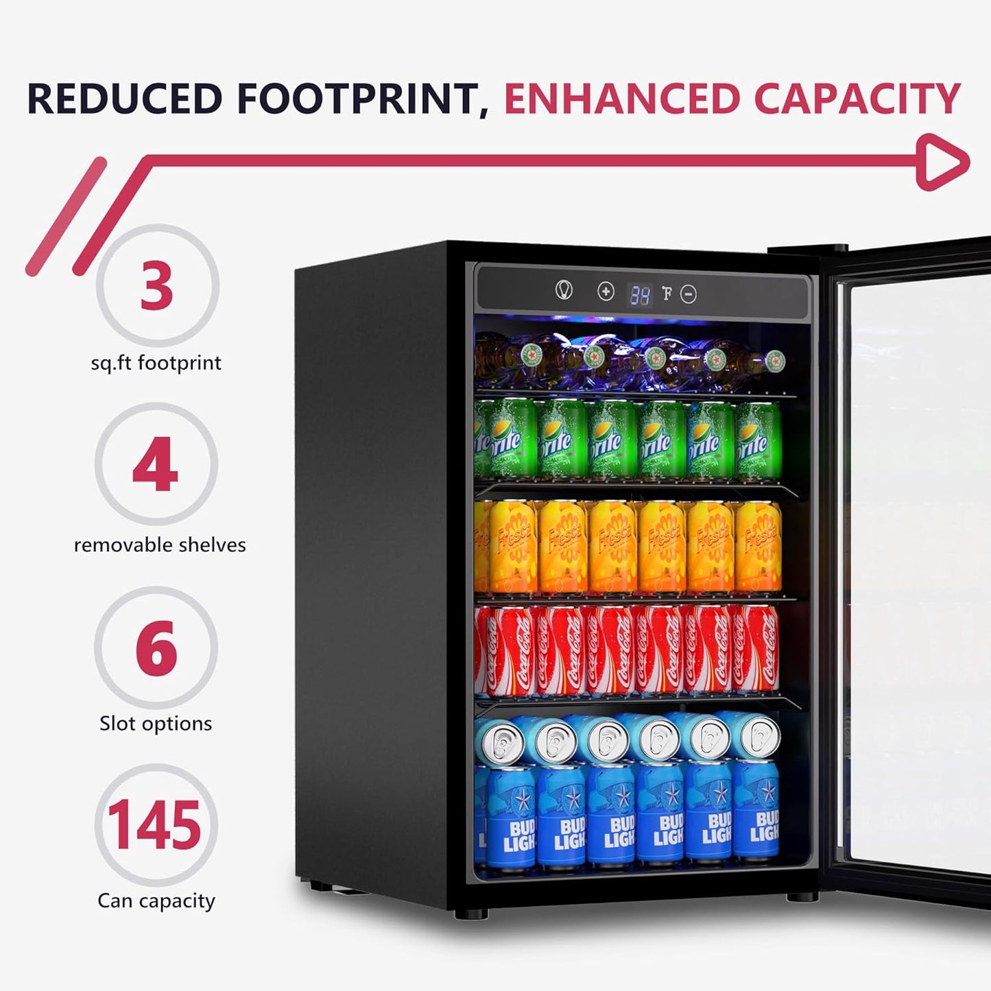 Icyglee 4.5 Cu.ft Beverage Refrigerator Cooler, 145 Can Mini Fridge with Digital Temperature Display for Soda Beer Wine, Freestanding beverage fridge with Adjustable Shelving for Home Office Bar