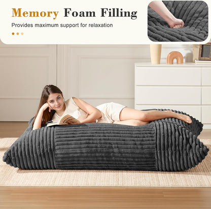 3-in-1 Giant Bean Bag Chair for Adults & Kids, Convertible Floor Sofa to Mattress, Memory Foam Beanbag Chair with Washable Cover, Multi Functional Lounge Couch for Bedroom, Living Room (Dark Grey)