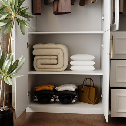 FUFU&GAGA Wardrobe Closet Collection with Doors, Modern White Bedroom Armoire System with Gold Handles, Modern Clothes Storage Cabinet with Drawers, Shelves, Hanging Rods, 79.1”W x 19.3”D x 74.8”H