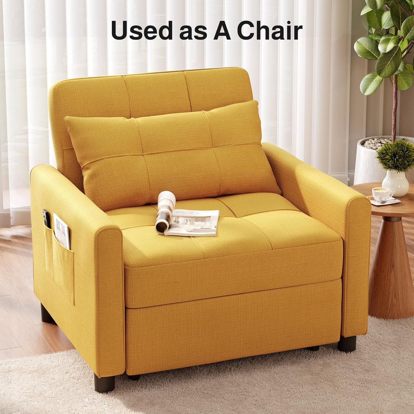Ahomly Convertible Sleeper Chair Sofa Bed with 3-in-1 Design, Adjustable Backrest, and Storage Pocket for Living Room, Yellow