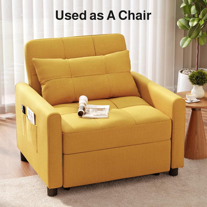 Ahomly Convertible Sleeper Chair Sofa Bed with 3-in-1 Design, Adjustable Backrest, and Storage Pocket for Living Room, Yellow