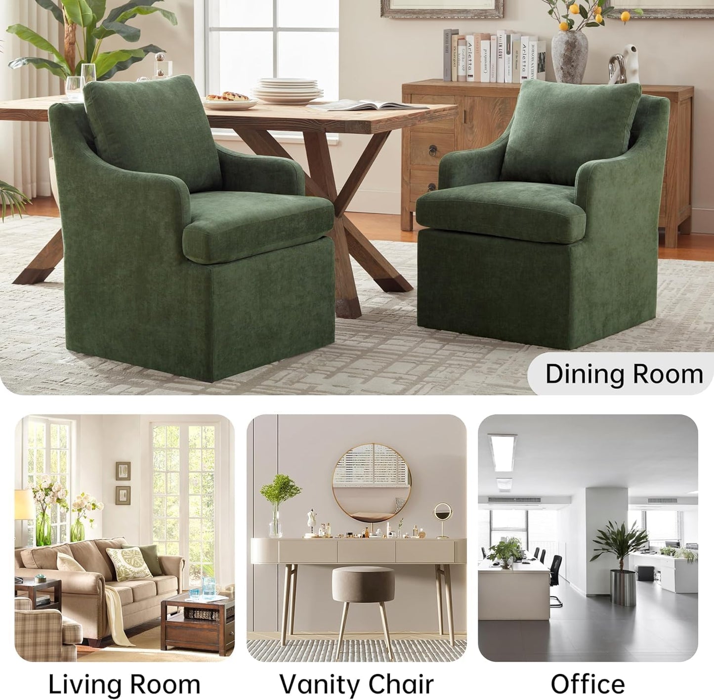VKNOW Upholstered Dining Chairs Set of 4, Modern Kitchen Chairs Dinner Chairs with 4 Casters, Chenille Armchair for Bedroom Reading Room Living Room, Green