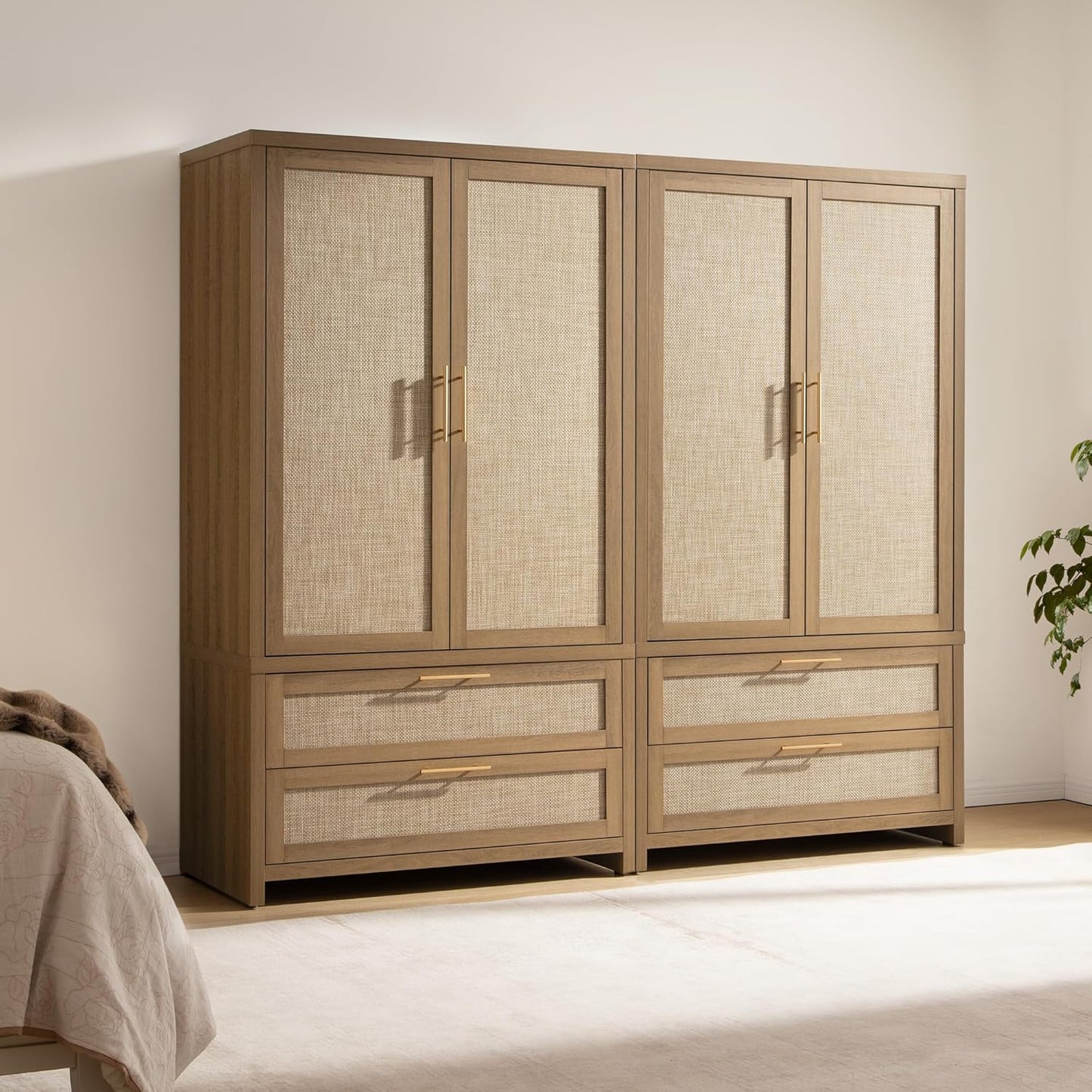 SICOTAS Larger Armoire Wardrobe Closet, 71" Tall Rattan Freestanding Wardrobe Closet Cabinet with Storage and 2 Drawers, Boho Armoire Clothes Organizer with Hanging Rod for Bedroom, Oak (2 Pieces)