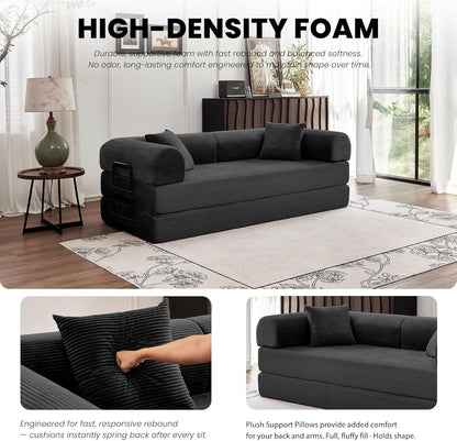 79'' Convertible Sofa Bed, 5-in-1 Folding Boneless Couch, Pull Out Floor Sleeper, Modular Lounge Sofa for Living Room Bedroom, Multi-Function Foldable Sofa (Black)