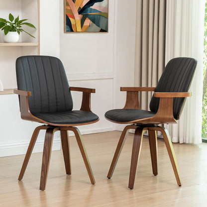WUPOTO Swivel Dining Chairs, Set of 6 Kitchen Swivel Chairs with Walnut Craftsmanship, Upholstered Faux Leather, Wooden Arms and Legs, Walnut Dining Chairs for Kitchen/Living Room - Black