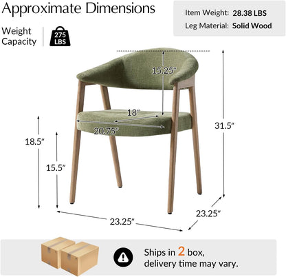 HULALA HOME Mid-Century Modern Dining Chairs Set of 4, Green Wooden Upholstered Kitchen Chairs with Armrest, Curved Backtrst & Wood Legs Armchairs Accent Chairs for Dining Living Room - Moss