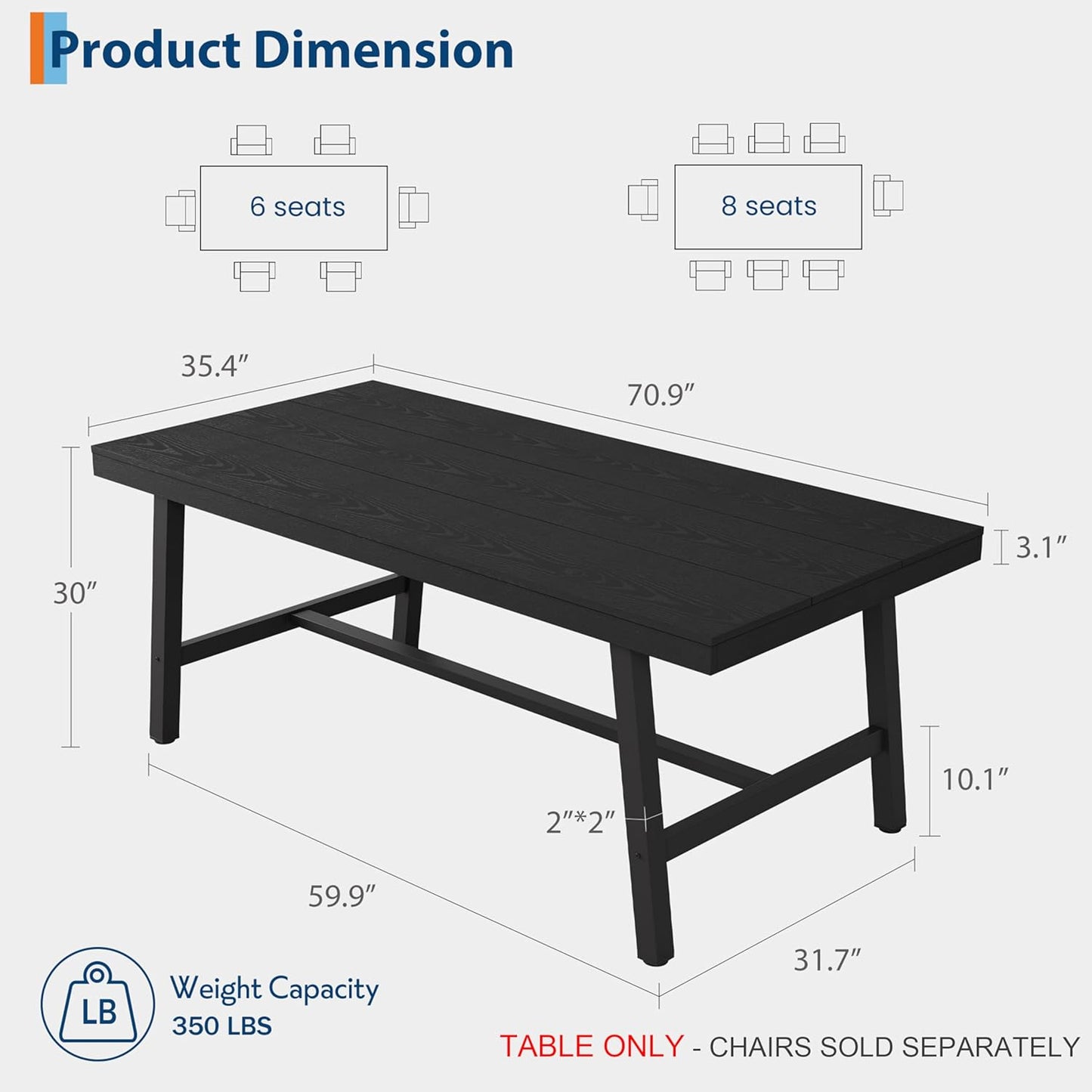 GarveeHome Industrial Dining Table for 6-8 People, 70.87" Long Large Kitchen Table with Sturdy Metal Frame, Rectangular Counter for Dinner, Kitchen, Dining Room (Black, 71" Non-extendable)
