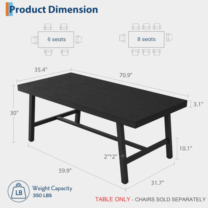 GarveeHome Industrial Dining Table for 6-8 People, 70.87" Long Large Kitchen Table with Sturdy Metal Frame, Rectangular Counter for Dinner, Kitchen, Dining Room (Black, 71" Non-extendable)