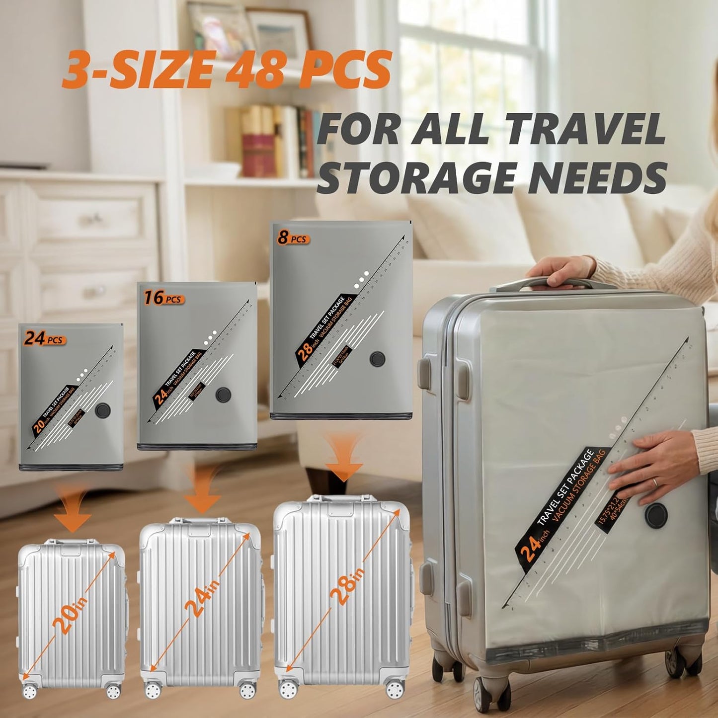 Rechargeable Wireless Pump Travel Vacuum Bags Set,Vacuum Storage Bags Portable Space Saver Bags for Travel, Home, Vacuum Compression Packing Seal for Clothes Seasonal Storage 48 Combo Set