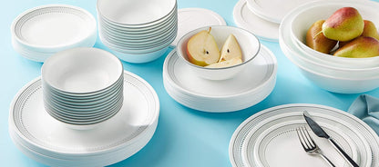 Corelle Vitrelle 78-Piece Service for 12 Dinnerware Set, Triple Layer Glass and Chip Resistant, Lightweight Round Plates and Bowls Set, Mystic Gray