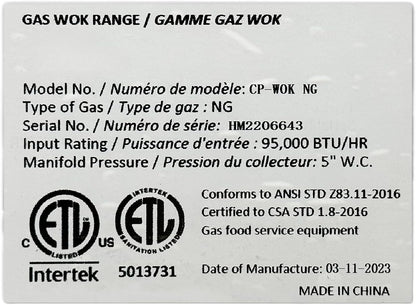 Commercial 13" 1 Hole Chinese Wok Range, Natural Gas Restaurant Stir Fry CP-WOK ETL