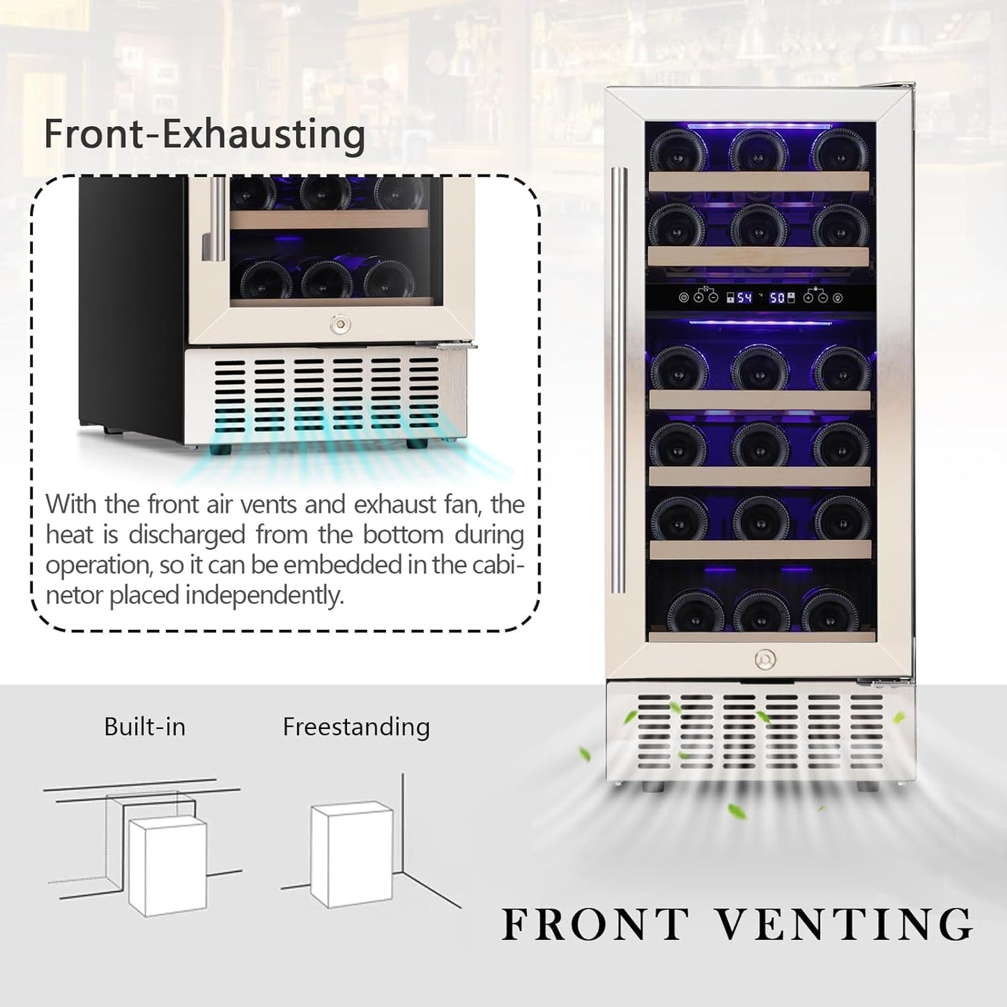 COWSAR 28 Bottle Wine Fridge, Commercial Dual Zone Beverage Refrigerator, Independent Temp, LED, Under Counter Drink Wine Cooler Chiller with Stainless Steel Frame, Double-Layer Tempered Glass Door