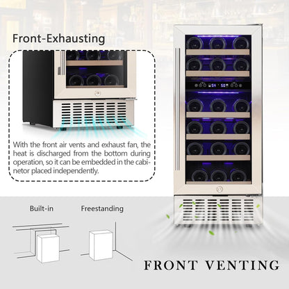 COWSAR 28 Bottle Wine Fridge, Commercial Dual Zone Beverage Refrigerator, Independent Temp, LED, Under Counter Drink Wine Cooler Chiller with Stainless Steel Frame, Double-Layer Tempered Glass Door