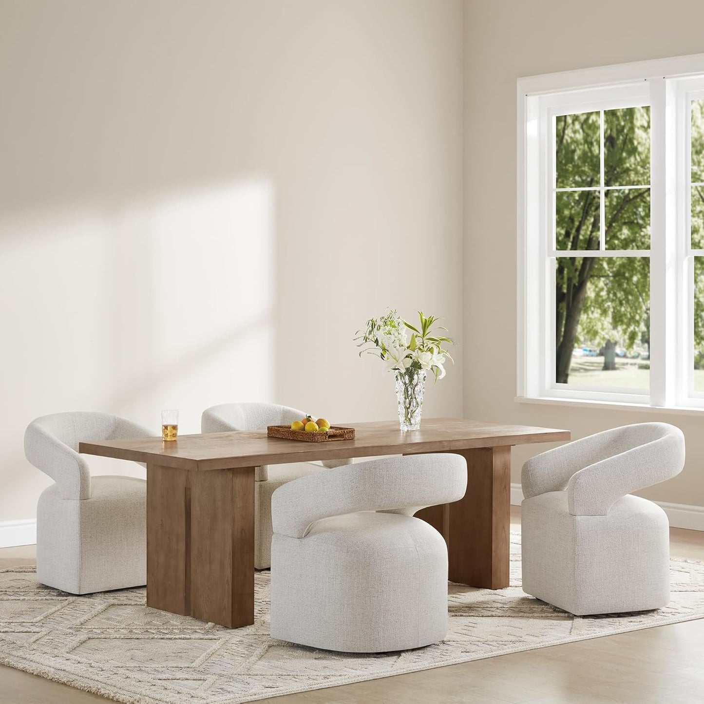 KISLOT Upholstered Dining Chairs with Casters, Modern Barrel Side Armchair with Rollers for Dining Room, Bedroom, Kitchen, Reading Room, Beige, Set of 4