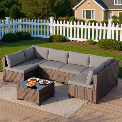 QSUN 7 Pieces Outdoor Patio Wicker Furniture Set, Grey