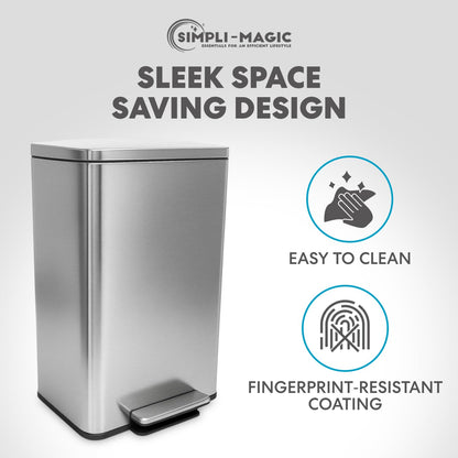 SIMPLI-MAGIC Soft-Close 50L Trash Can with Foot Pedal - Stainless Steel