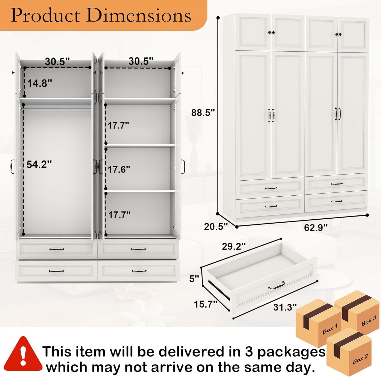 Armoire Wardrobe Closet with Drawers: 63" Large White Wood Wardrobe Closet with 4 Doors and 4 Drawers, Modern Clothes Storage Cabinet for Bedroom Armoire with Shelves (63")
