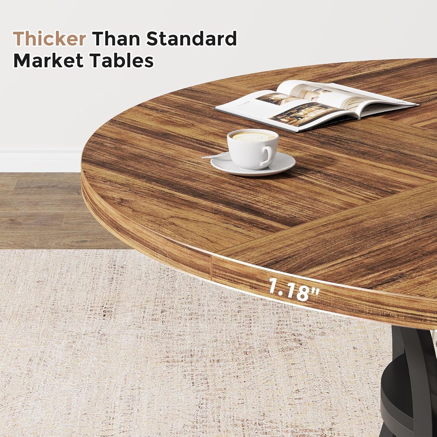 47'' Round Dining Table for 4-6, Farmhouse Dining Room Table with Storage Shelf, Space-Saving Kitchen Table with Metal Base for Kitchen & Dining Room, Table Only (Brown & Black)