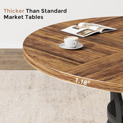 47'' Round Dining Table for 4-6, Farmhouse Dining Room Table with Storage Shelf, Space-Saving Kitchen Table with Metal Base for Kitchen & Dining Room, Table Only (Brown & Black)