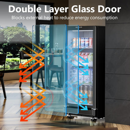 6 Cu.Ft Commercial Refrigerators, Display Fridge with Double-Tempered Glass Door, Beverage Cooler for Bar, Office, Restaurant, Outdoor Beverage Refrigerator with Locking, Key & LED