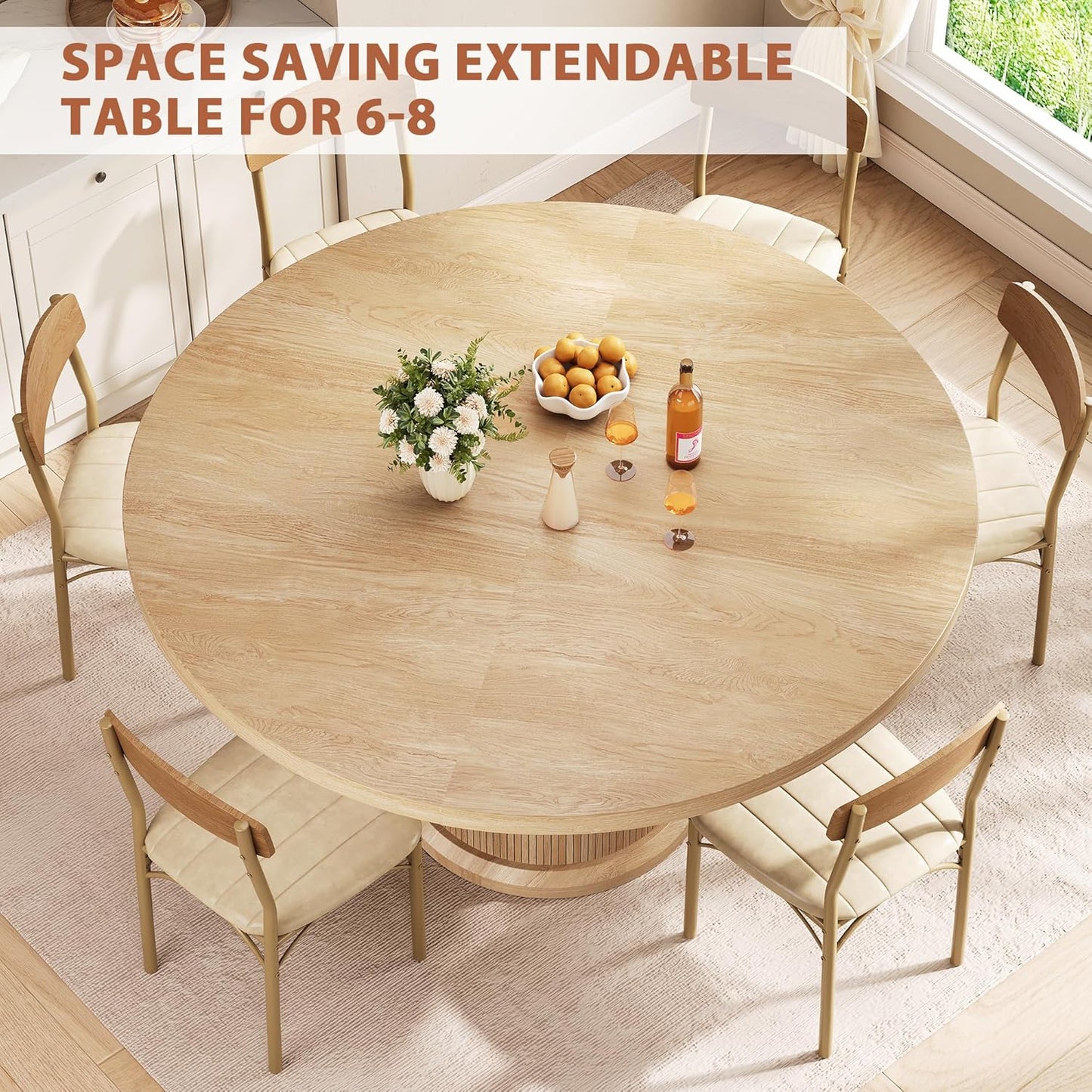 Jocoevol 47″–63″ Extendable Round Dining Table for 4–8 with Dust-Proof 2-Tier Storage Shelf Space-Saving Expandable Dining Room Table Wood Oval Circle Dining Table with Pedestal Base (Natural)