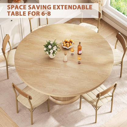 Jocoevol 47″–63″ Extendable Round Dining Table for 4–8 with Dust-Proof 2-Tier Storage Shelf Space-Saving Expandable Dining Room Table Wood Oval Circle Dining Table with Pedestal Base (Natural)