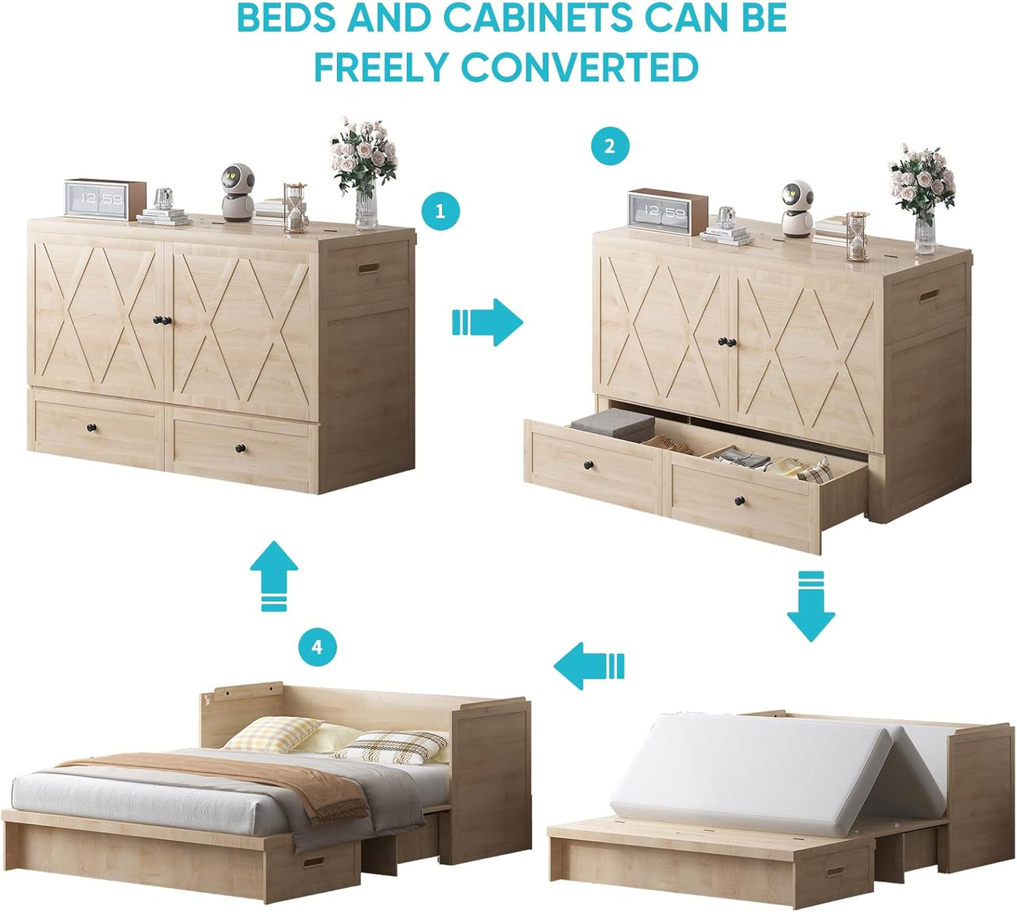 CECER Queen Size Murphy Bed with Tri-Folding Mattress .Murphy Bed with Charging Station and Two Large Storage Drawers for Small Spaces/Bedroom（Natural Wood）-Mattress Include
