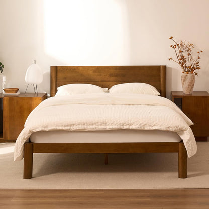 FLEXISPOT Hako G2 Japanese Joinery Bed Frame, Solid Rubberwood Queen Platform Bed with Storage Headboard, IAS&SGS Certified, Japandi Minimalist Style, No Tools Assembly, 10-Year Warranty, Walnut