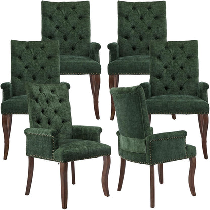 Upholstered Tufted Chenille Dining Chairs with Arms & Nailhead Trim – Solid Wood Frame & Legs, Modern Farmhouse for Dining, Kitchen & Living Room (Set of 6, Olive Green)