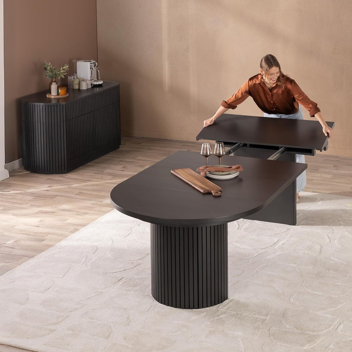 Transformer Table - Solid Wood Extendable Round Dining Table Set with 6 Chairs, Seats 2-10, Extendable Round Dining Set, Space-Saving Modern Furniture, Black (Table + 6 Chairs)