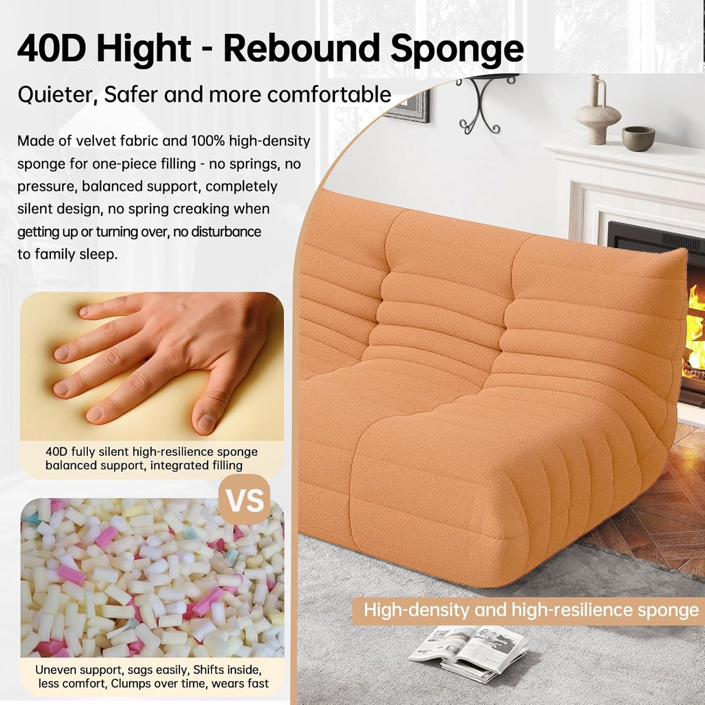 WHGBJA Bean Bag Chairs for Adults, BeanBag Reading Chair Memory Foam Couch, Floor Chair Soft Teddy Material (Orange, Loveseat)