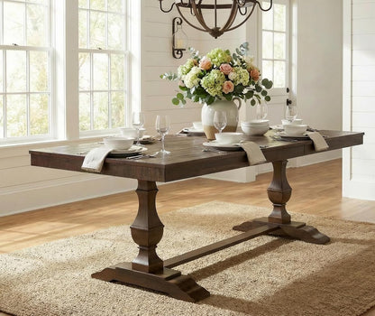 WAMPAT 74.8-inch Long Vintage Farmhouse Dining Table for 6-8 People,Sturdy Wooden Frame,Weathered Textured Tabletop,Solid Wood Double Pedestal Legs with T-Shaped Feet,Non-Extendable,Dark Walnut Brown
