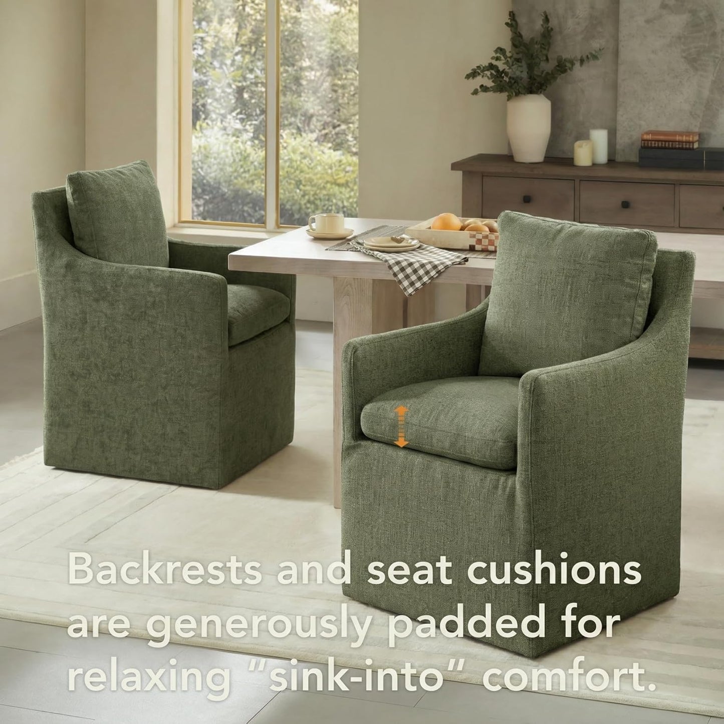 KISLOT Upholstered Dining Chairs with Casters, No Assembly Modern Accent Armchair with Rollers for Dining Room, Bedroom, Living Room, Reading Room, Already Assembled, Green, 2 Box