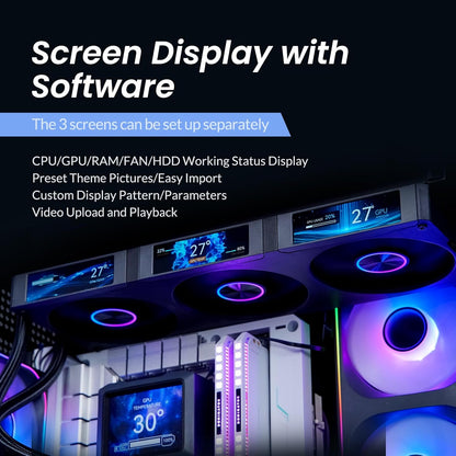 JONSBO ZC-360B 3.38"x3 Screen PC Fan,3 Magnetic 3.38 LCD Screen Control Software,Integrated Link Fan,Customize Display Patterns,Data,Video Upload and Playback,Screen Set Freely,Dual Ball Bearing,Black