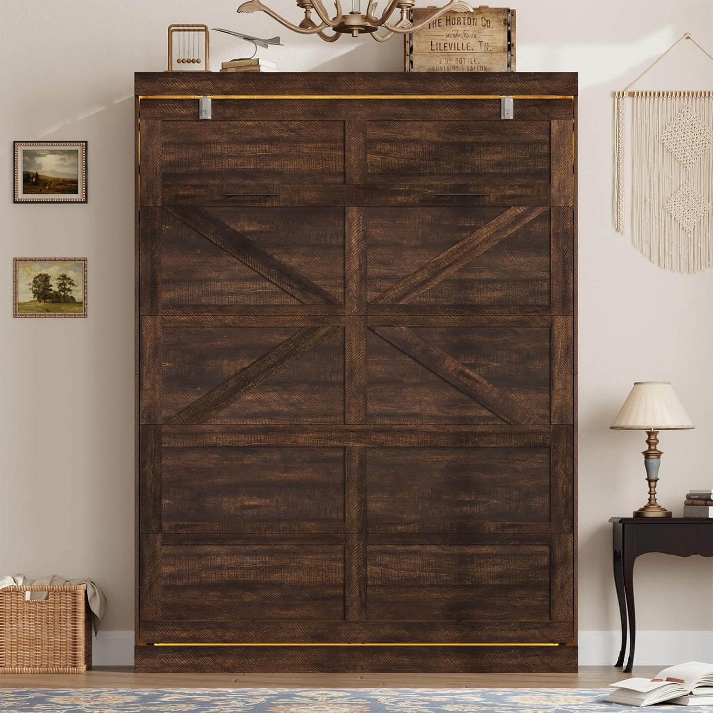 Hlivelood Queen Size Murphy Bed with 2 LED Lights, Farmhouse Wood Hidden Foldable Wall Bed Frame w/Gas Struts, Storage Bed Cabinet for Bedroom, Office, Space-Saving, No Box Spring Needed, Brown