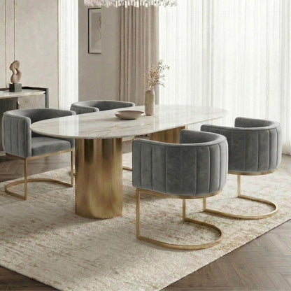 Hyfirm Gray and Gold Modern Barrel Dining Room Chairs Set of 4, Velvet Upholstered Accent Chairs with Curved Back for Kitchen Island, Luxury Comfort Seating Cantilever Metal Frame
