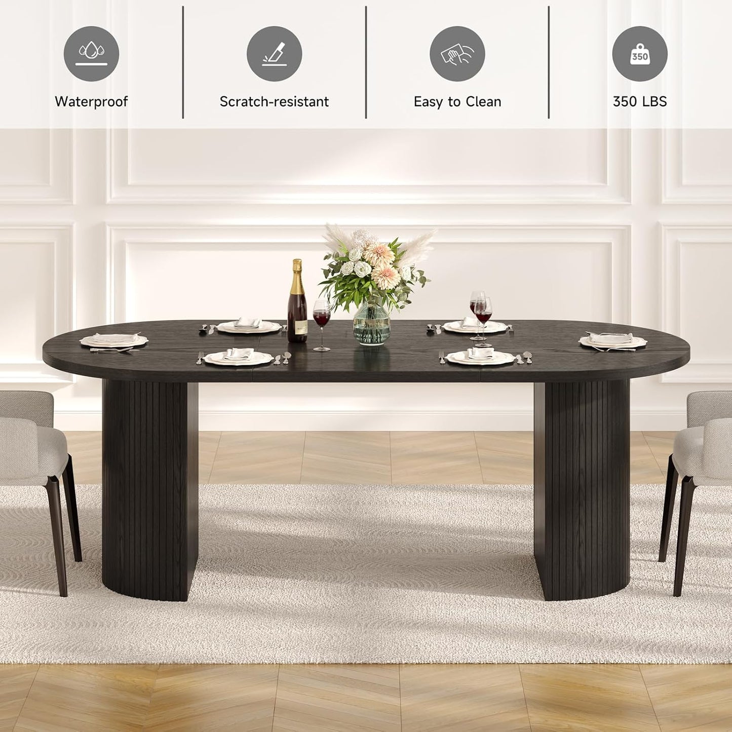 ONBRILL 70.8 Inch Dining Table for 4-6, Oval Dining Room Table with Curved Fluted Wood Strip Base, Mid-Century Modern Kitchen Tables with Footpads, Dinner Tables for Living Room, Dining Room, Black