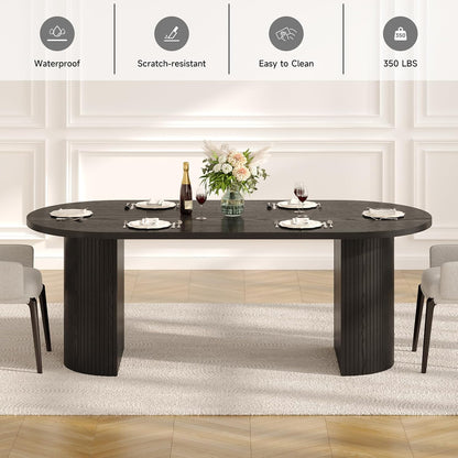 ONBRILL 70.8 Inch Dining Table for 4-6, Oval Dining Room Table with Curved Fluted Wood Strip Base, Mid-Century Modern Kitchen Tables with Footpads, Dinner Tables for Living Room, Dining Room, Black