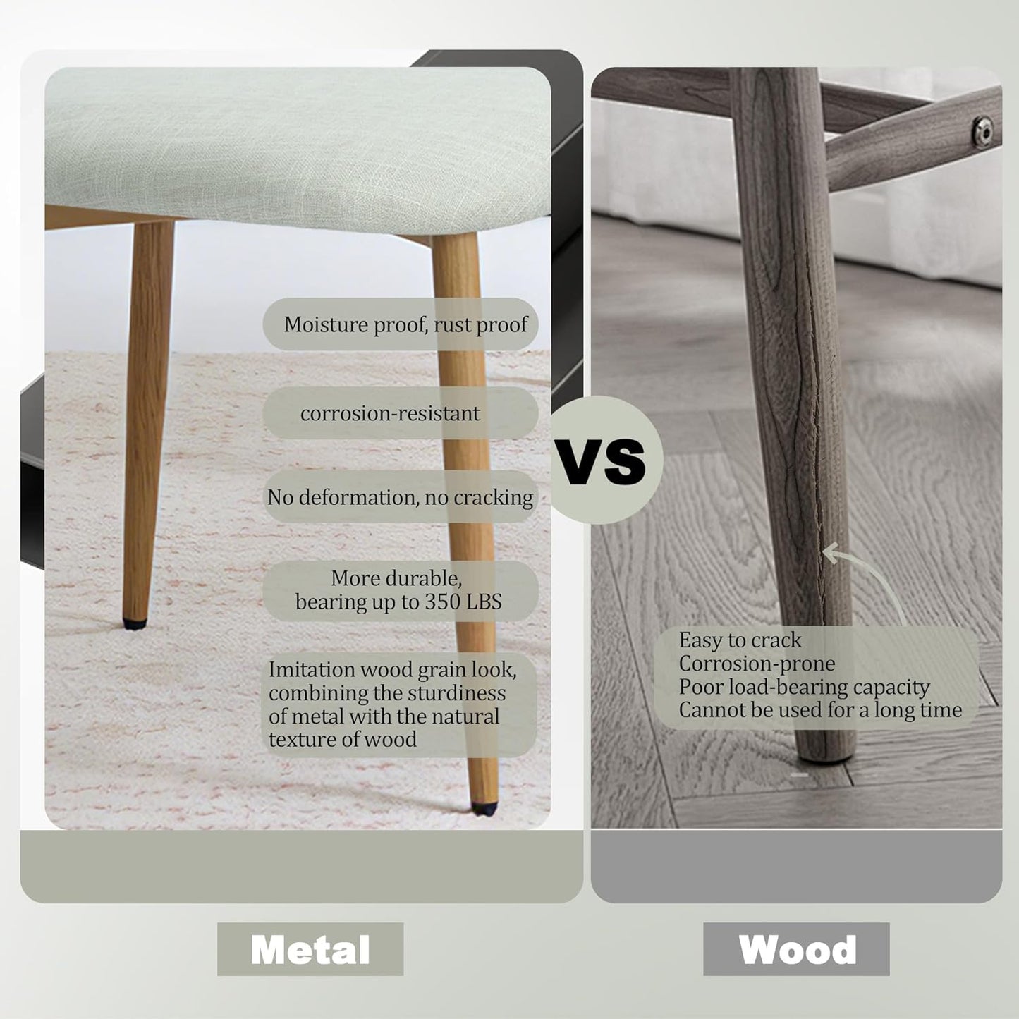 FREKEN Modern Upholstered Dining Chairs Set of 8, Mid-Century Metal Frame with Wood Grain, Linen Fabric Side Chair for Kitchen Dining Room, 350lbs Capacity, Beige