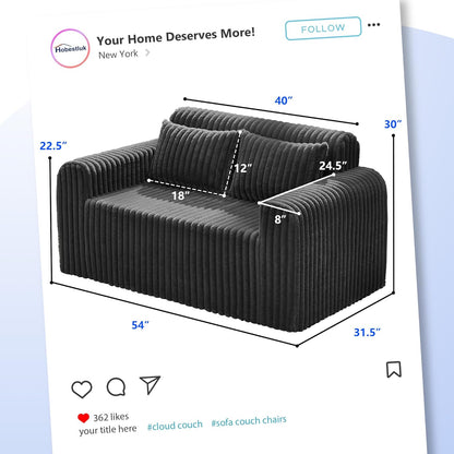 Hobestluk Couch Sofa 2-Seater Foam Sofa Loveseat for Small Spaces Comfy Sofas with Removable Cover Furry Couch with Pillows for Living Room, Bedroom, Apartment, Office (Black, Loveseat)