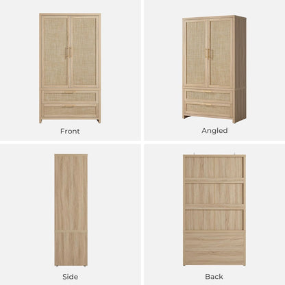 SICOTAS Larger Armoire Wardrobe Closet, 71" Tall Rattan Freestanding Wardrobe Closet Cabinet with Storage and 2 Drawers, Boho Armoire Clothes Organizer with Hanging Rod for Bedroom, Light Oak (2 PCS)