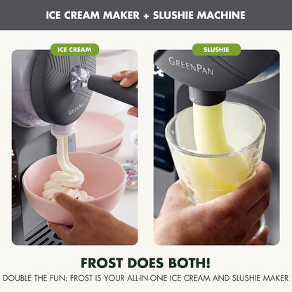 GreenPan Frost Ice Cream Maker & Slushie Machine, Soft Serve, Sorbet, Margaritas, Milkshakes, Frozen Yogurt, No Pre-Freezing, Ready in 15 Mins, 6 Modes, 7 Textures, Self-Cleaning, Family Size, Gray
