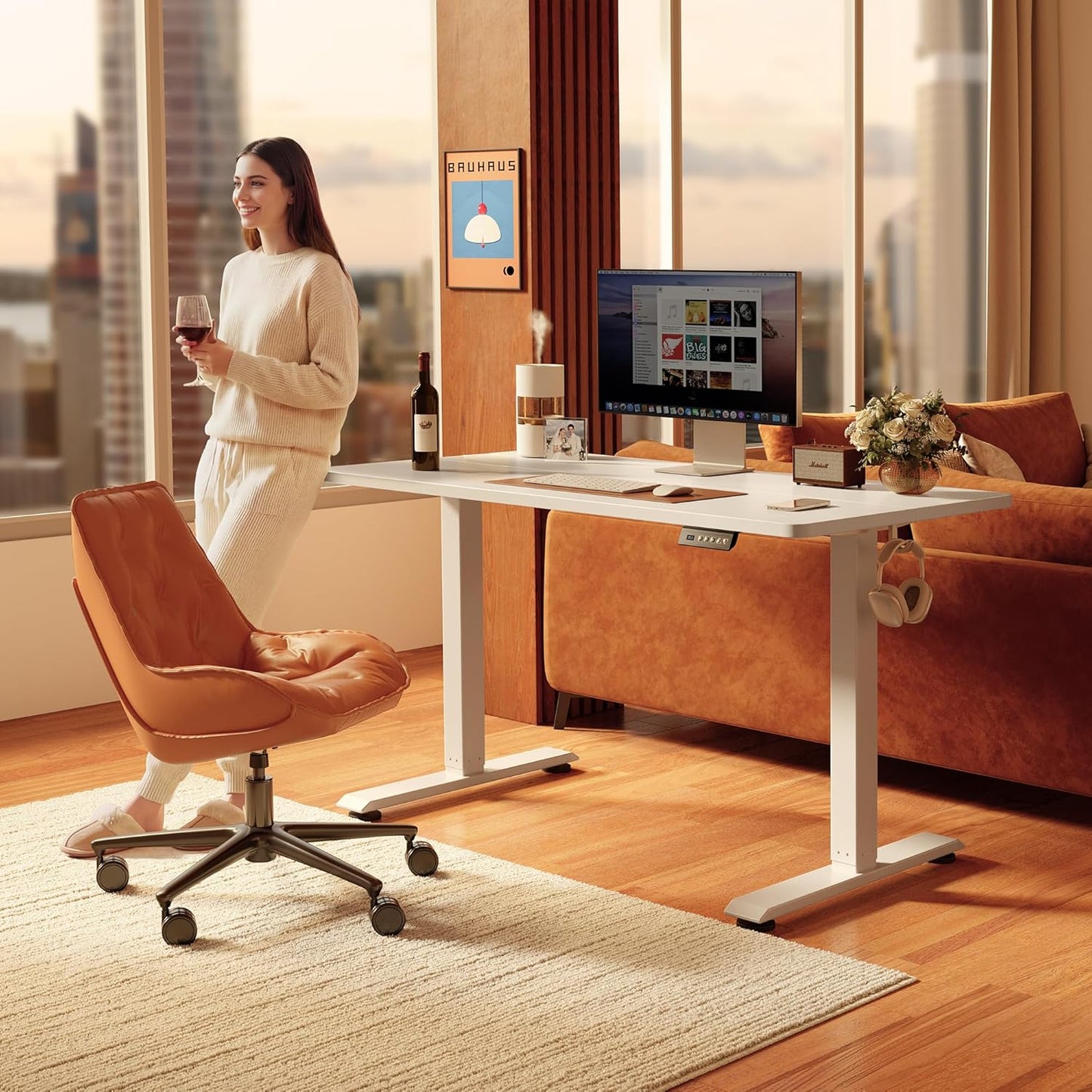 FEZIBO 48 x 24 Inchs Electric Standing Desk, Height Adjustable, Sit Stand Up, Computer Office Desk with Splice Board, White Frame/White Top