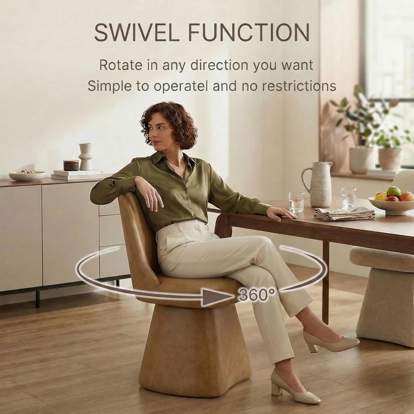 KISLOT Swivel Dining Chairs Set of 4, Upholstered Mid Century Modern Deskchair with High Back, Faux Leather Kitchen Chairs for Dining Room, Bedroom, Dressing Room, Brown