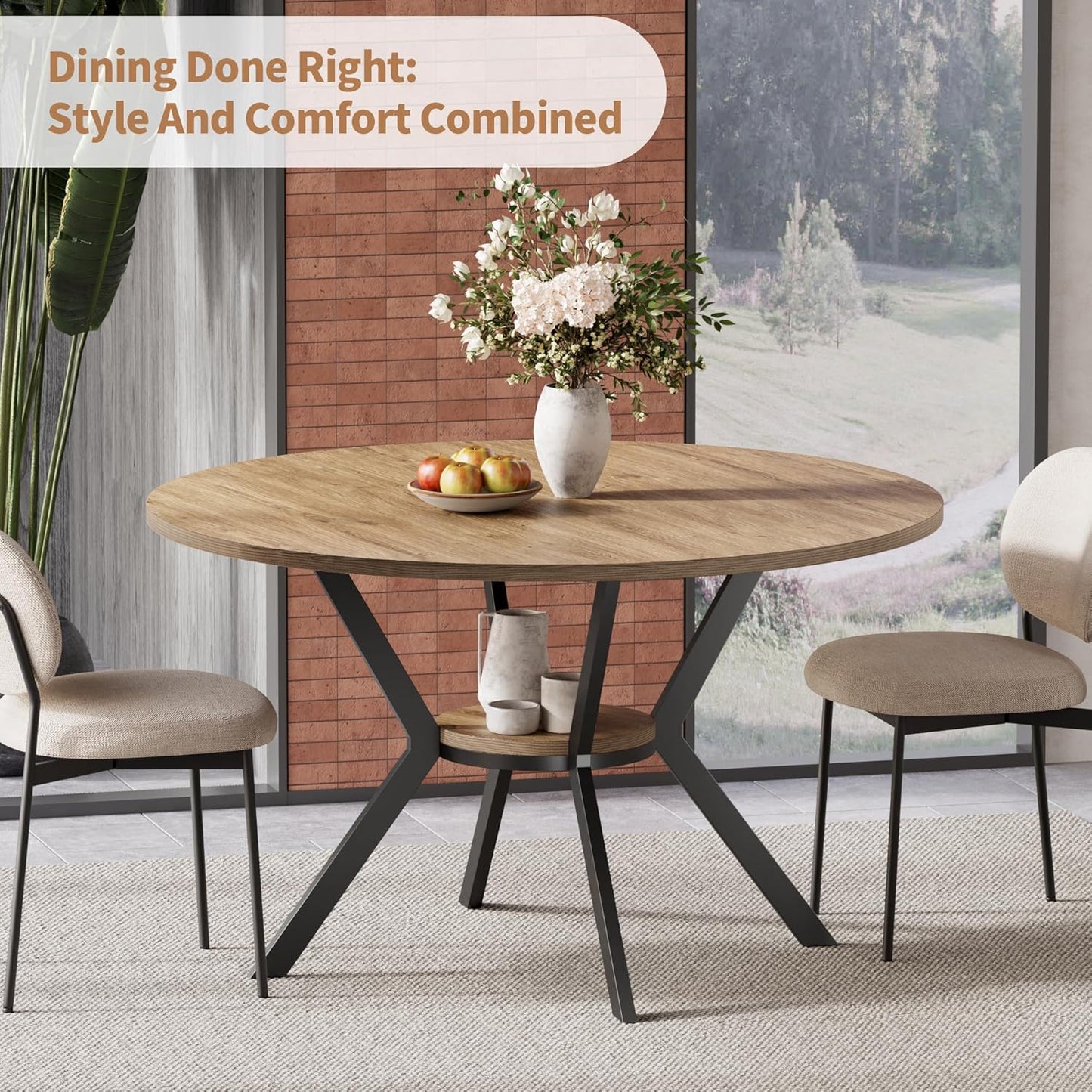 MECHYIN 42 Inch Round Dining Table for 2–4, Farmhouse Round Kitchen Table with Storage Shelf, Pedestal Dining Table, Wood Top & Metal Base, Small Space Table for Apartment, Dining Room