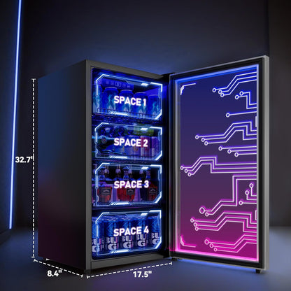 Manastin Gaming Light Up Beverage Refrigertor, Led Lighting Door 120 Cans Freestanding Beverage Fridge, Cyberpunk Beverage Cooler for Gaming, Gaming Room, Bar, Party (Lighting)