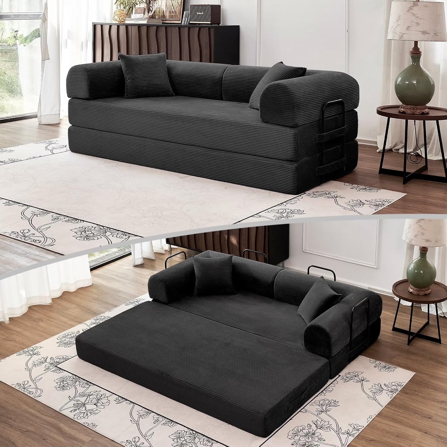 79'' Convertible Sofa Bed, 5-in-1 Folding Boneless Couch, Pull Out Floor Sleeper, Modular Lounge Sofa for Living Room Bedroom, Multi-Function Foldable Sofa (Black)