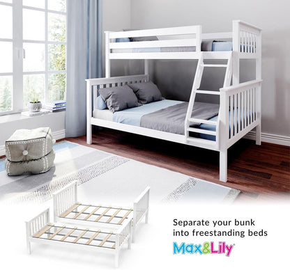 Max & Lily Bunk Bed Twin Over Full Size with Ladder, Solid Wood Platform Bed Frame with Ladder for Kids, 14" Safety Guardrails, Easy Assembly, No Box Spring Needed, White