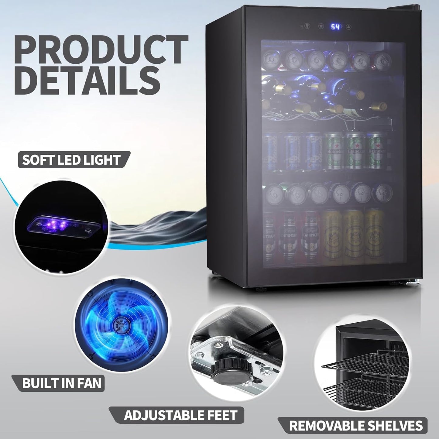 Antarctic Star Beverage Refigerator Cooler -145 Can Mini Fridge for Soda Beer or wine,with glass door, For Office or Bar with Adjustable Removable Shelves .4.5 Cu. Ft. (Black)