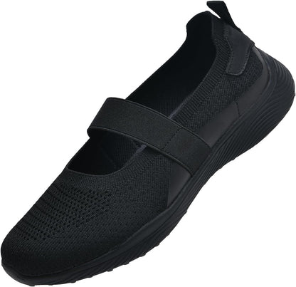 Women Mary Jane Shoes Slip On Walking Flats Comfortable Dressy Knit Washable Casual Nurse Shoe with Arch Support